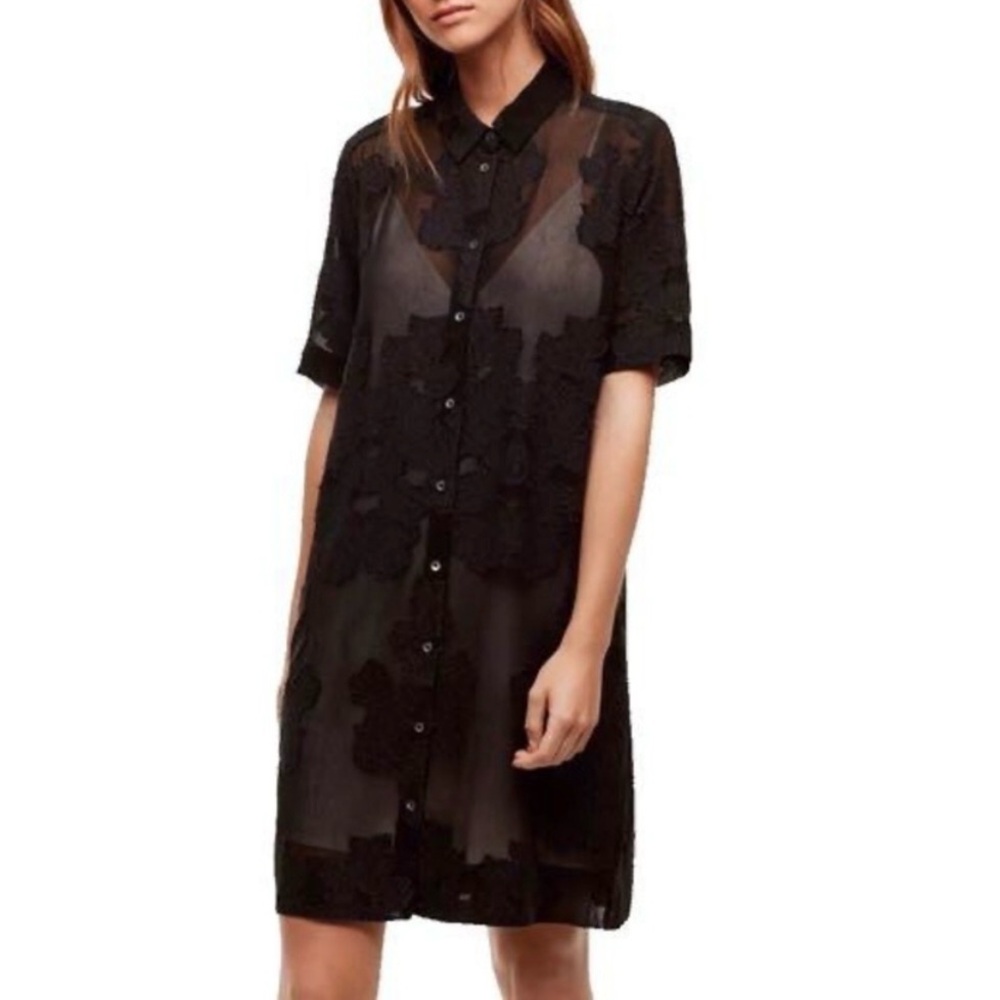 NWT Aritzia WILFRED Hemistiche Black Semi Sheer Mini Shirtdress